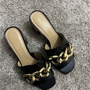 Michael Kors Black Leather Chain-Accent Slide Sandals